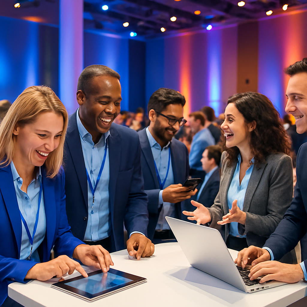 A vibrant corporate event scene with engaged attendees interacting with technology and each other