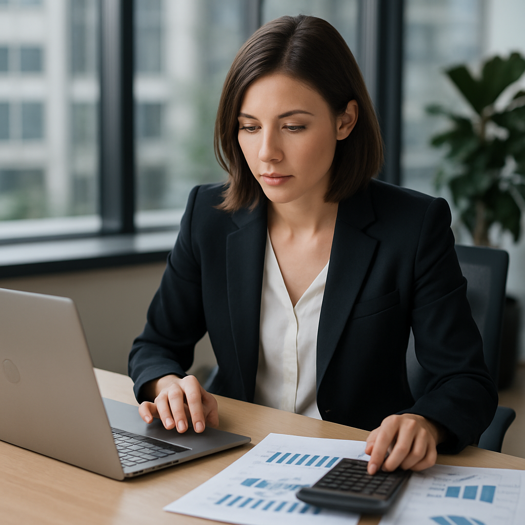 A corporate event planner reviewing financial reports with a laptop and calculator in a modern office setting