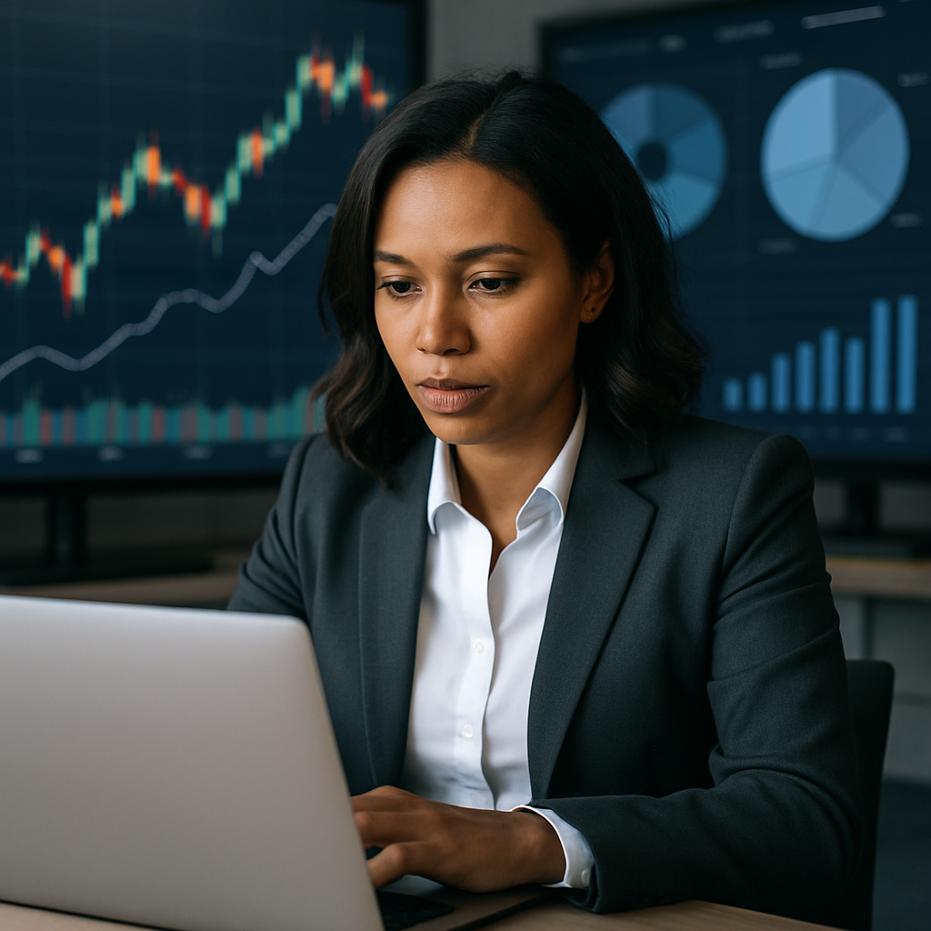 A corporate event manager analyzing investment strategies on a laptop with charts and graphs in the background