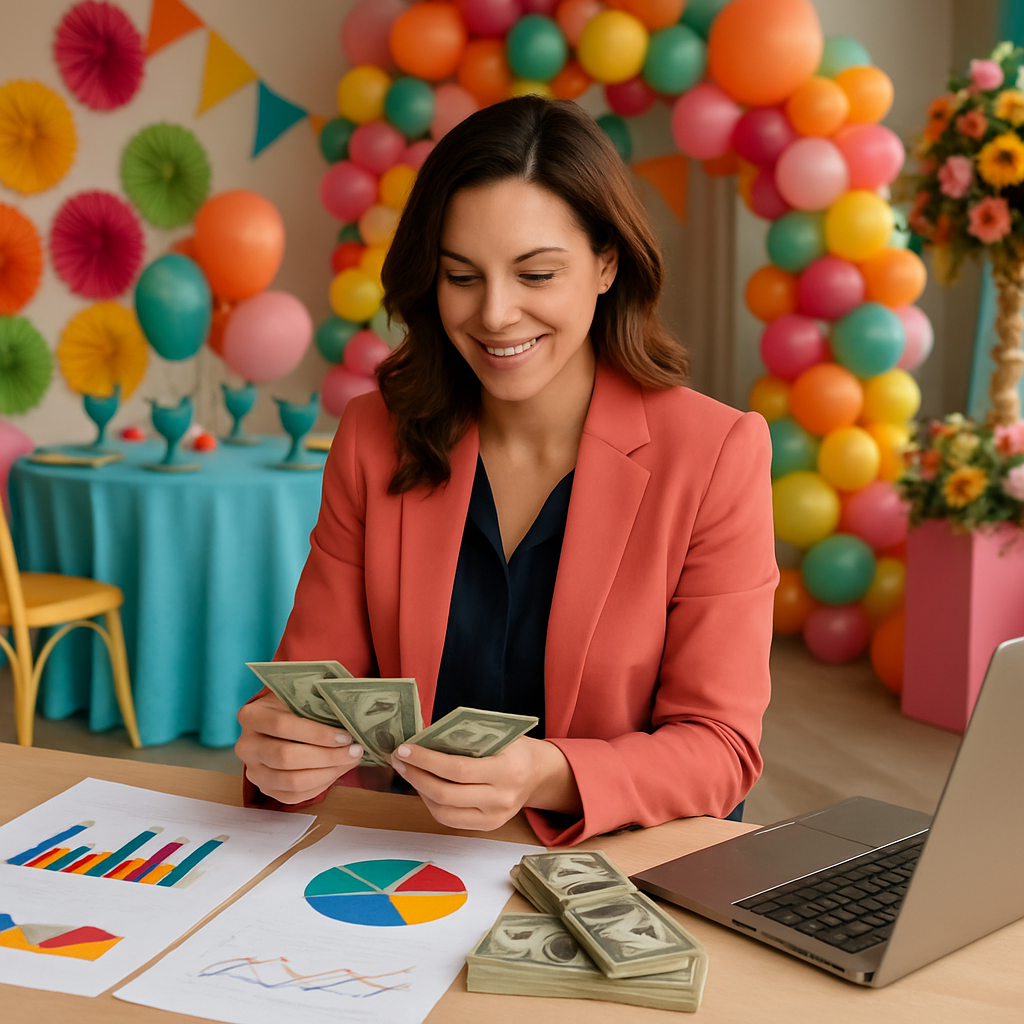 A vibrant scene depicting an event planner managing cash flow with charts and graphs, surrounded by colorful event decorations