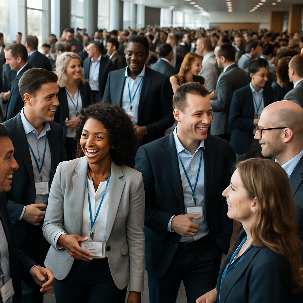 A bustling corporate conference with engaged attendees networking and interacting