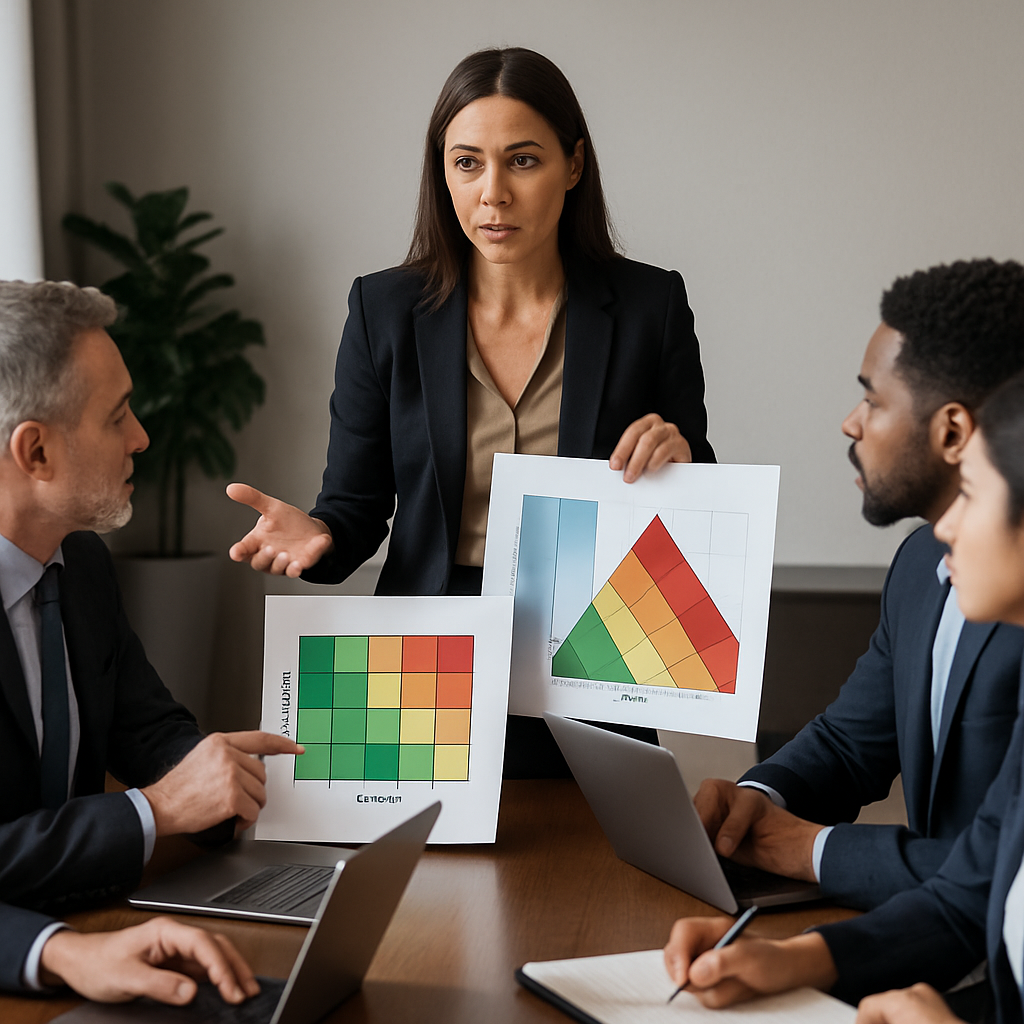 A corporate event planner reviewing risk assessment charts with a team