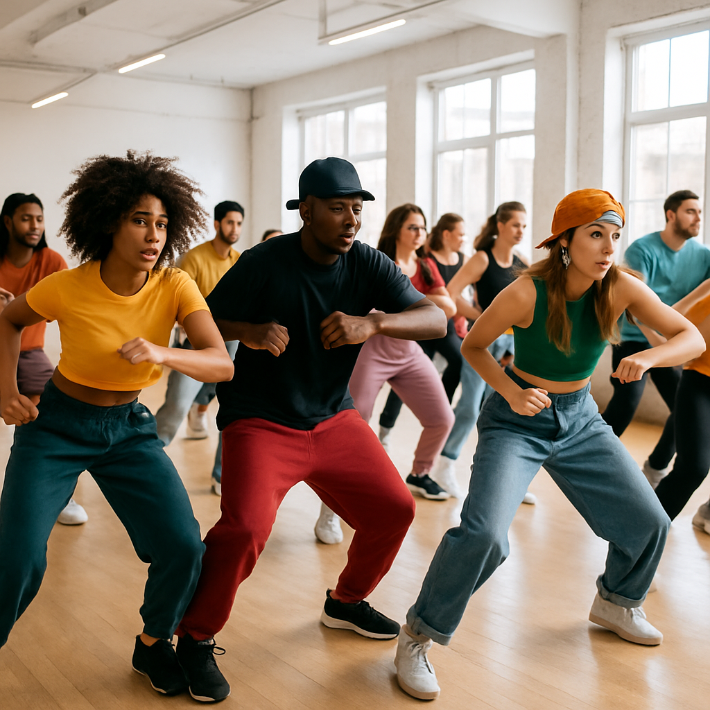 A vibrant scene from an intensive hip hop workshop showing diverse dancers practicing choreography together in a bright studio