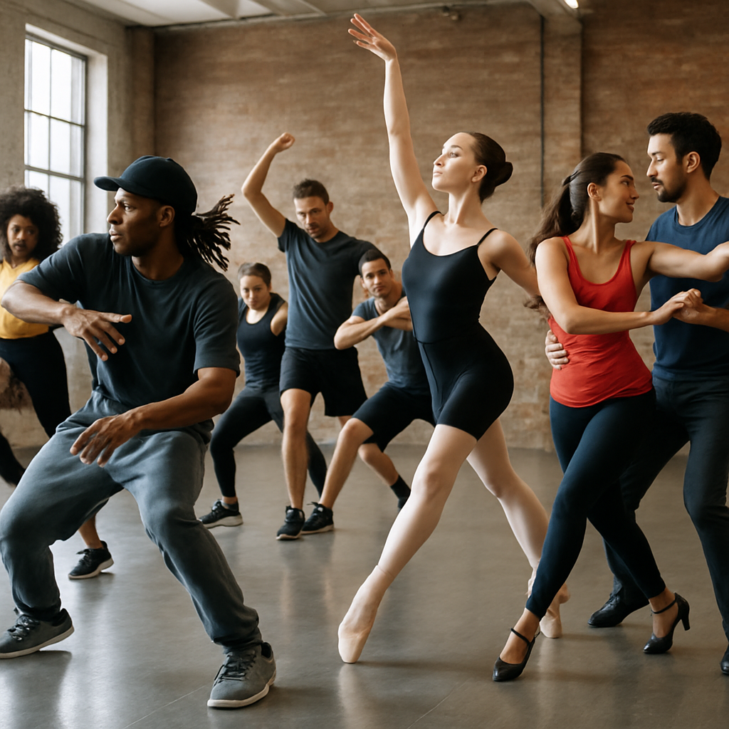 A dynamic scene showcasing various dancers participating in an intensive workshop across different styles like hip hop, ballet, and salsa