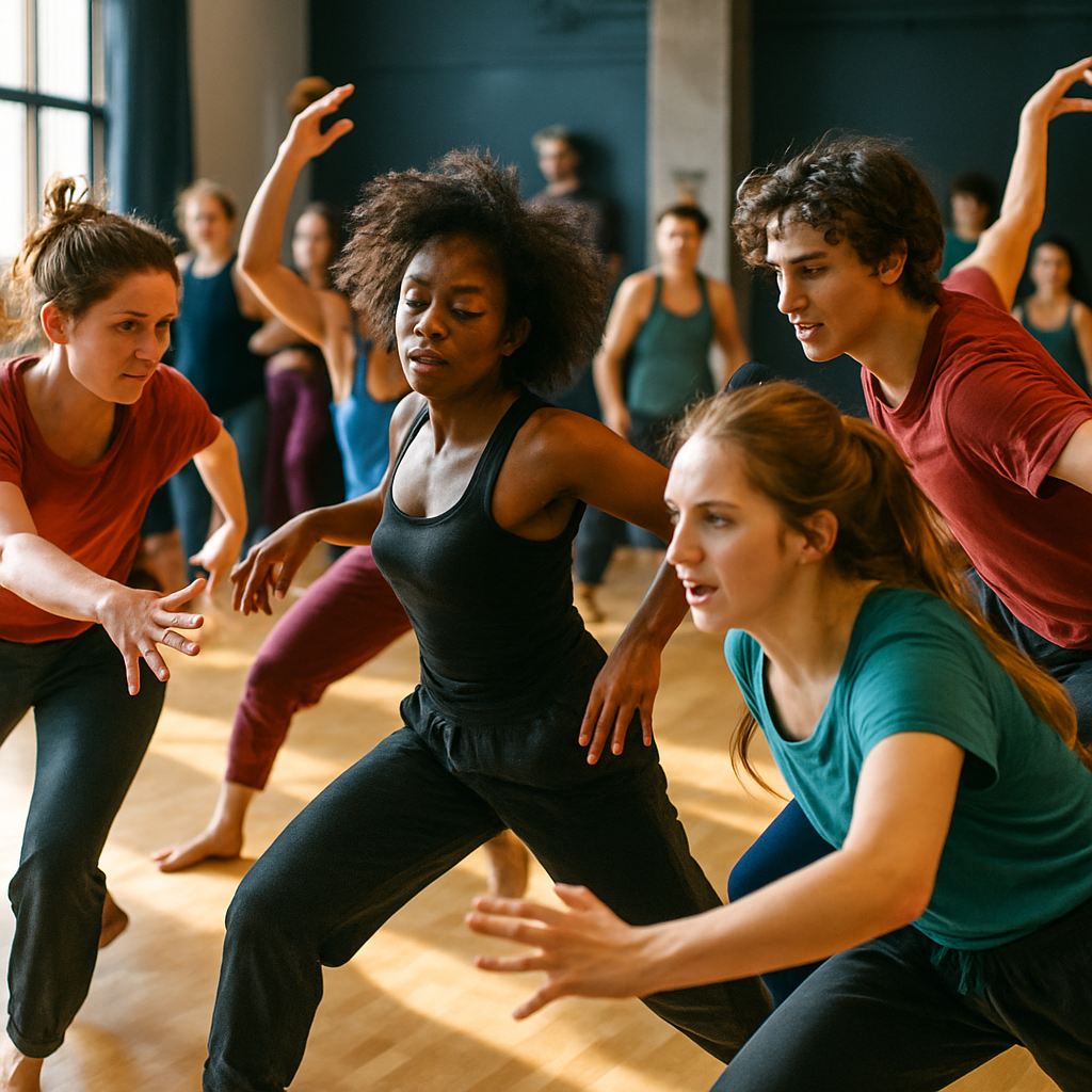 A lively scene showcasing dancers engaged in an immersive learning environment during an intensive workshop with vibrant colors and dynamic movements