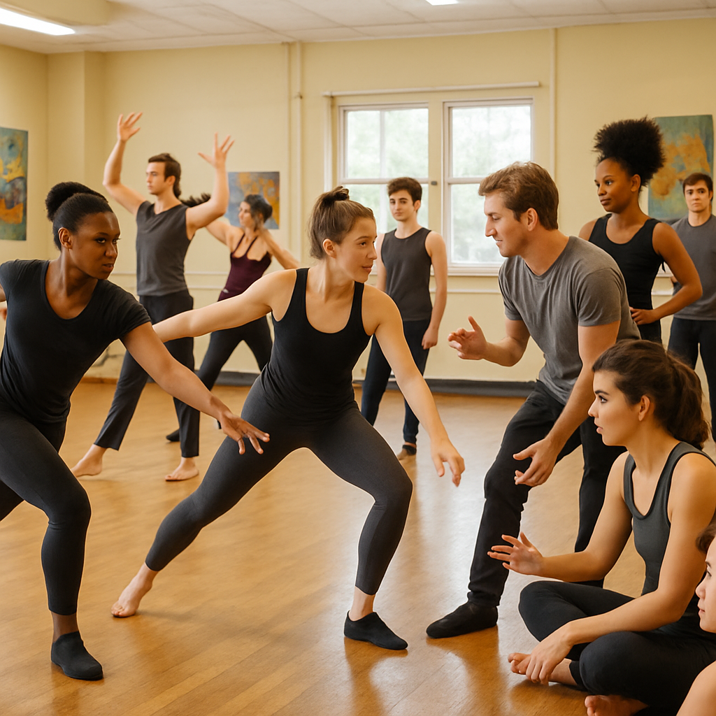 A vibrant classroom scene showing dancers engaged in various activities during an intensive workshop including technique practice, choreography learning, and group discussions