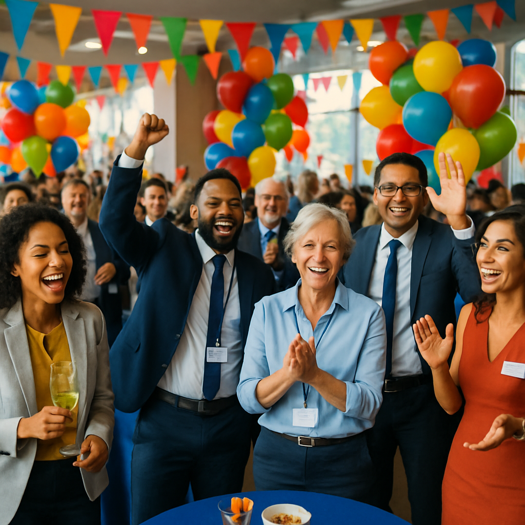 A vibrant corporate event scene showcasing diverse attendees enjoying a well-organized function with colorful decorations and engaging activities.