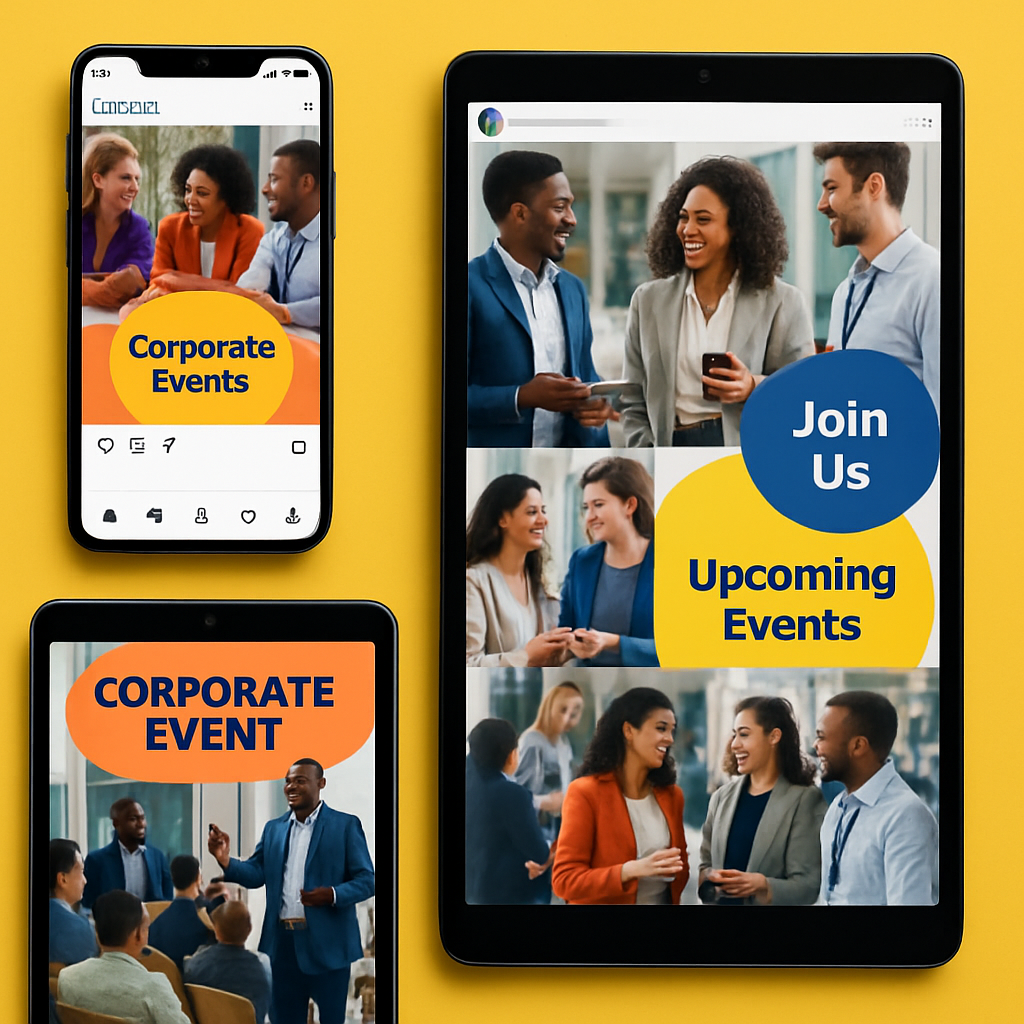 A vibrant social media campaign display showcasing corporate events, including elements like Instagram posts, Facebook ads, and email newsletters.