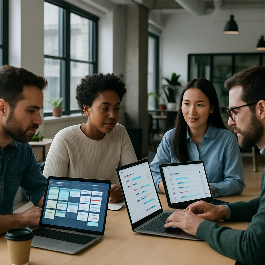 A modern office workspace with a team collaborating using project management tools on laptops