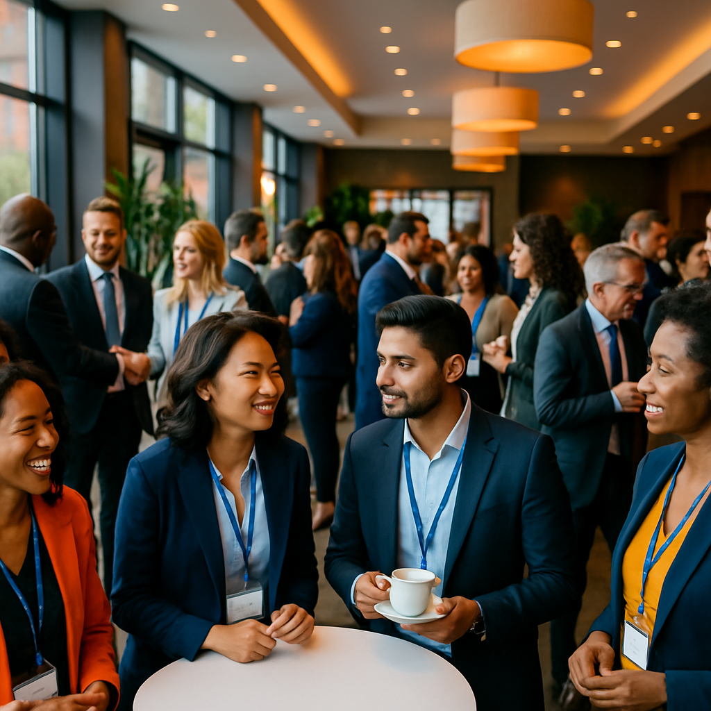 A vibrant corporate event showcasing diverse attendees engaged in networking activities at an upscale venue