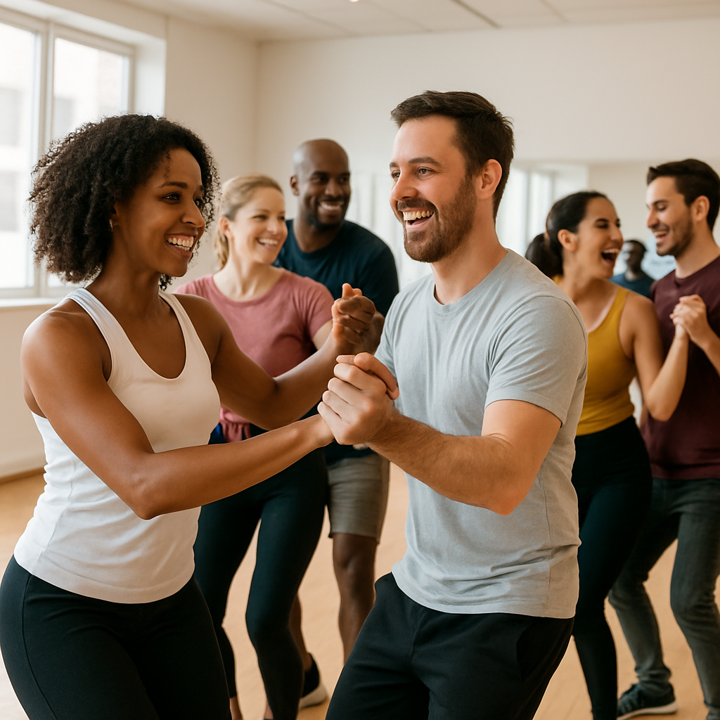 A diverse group of adults enjoying a salsa dance class in a bright studio