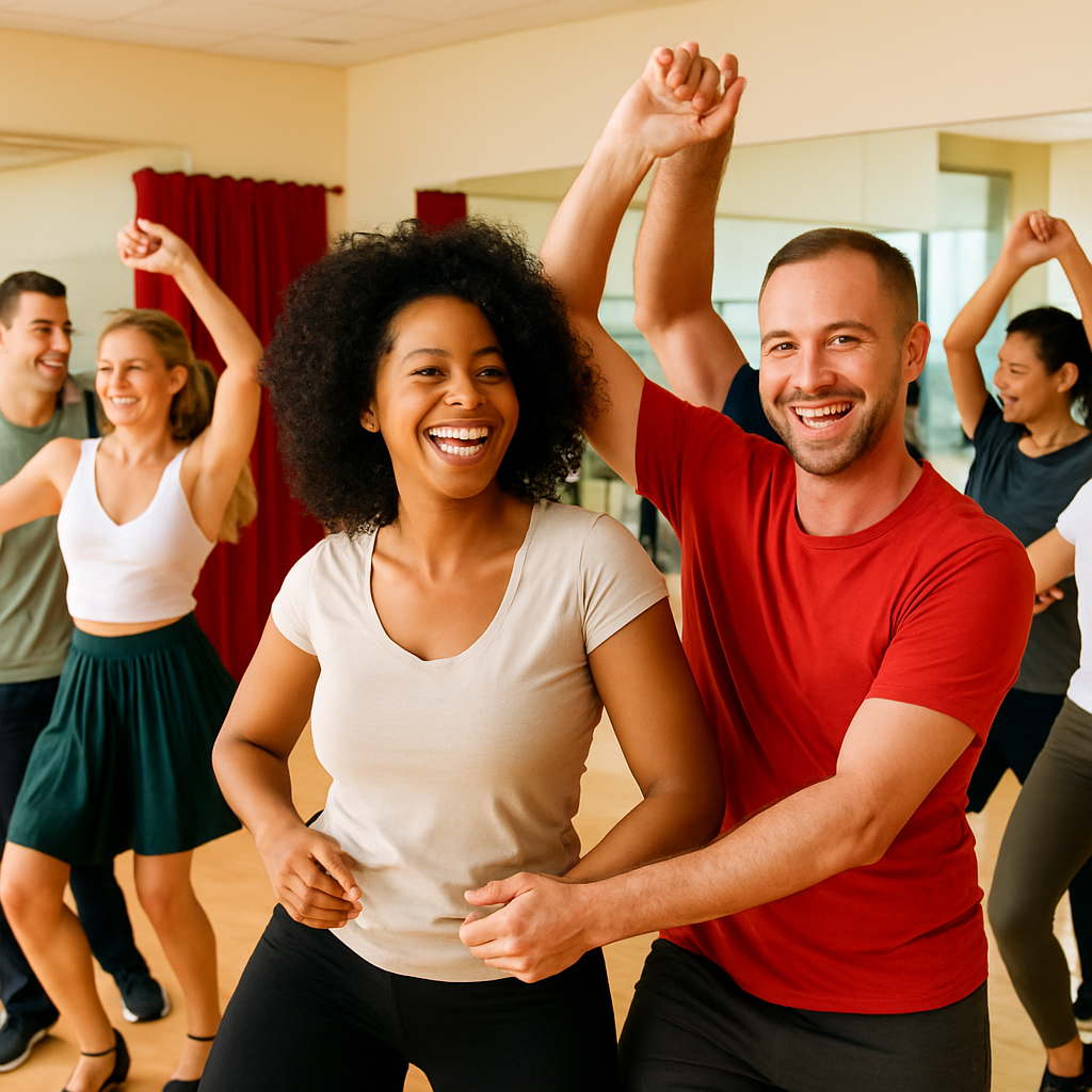 A vibrant group of diverse adults enjoying a lively salsa dance class in a bright studio