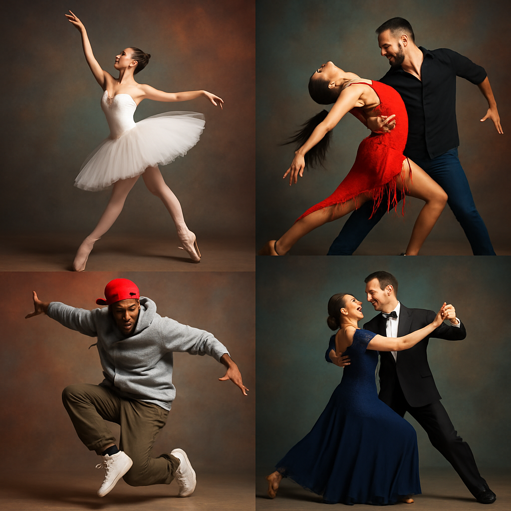 A vibrant collage showcasing various dance styles such as ballet, salsa, hip hop, ballroom dancing with diverse dancers in action