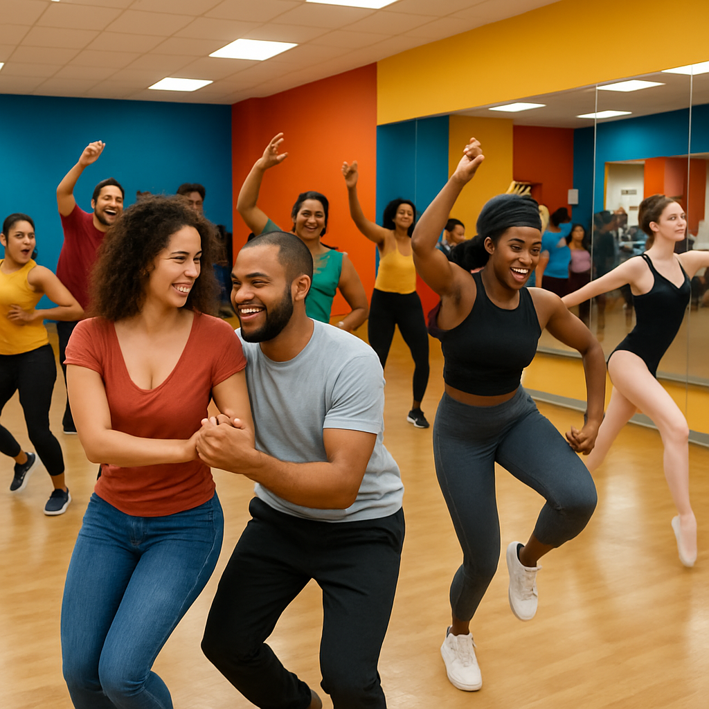 A vibrant dance studio filled with diverse students taking group dance lessons, showcasing various styles like salsa, hip hop, and ballet. The atmosphere is lively and engaging.