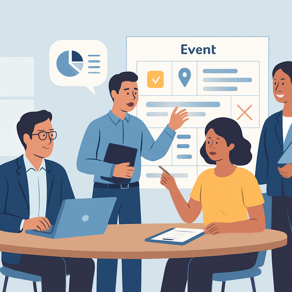 An engaging illustration of a fractional CFO working with an event management team, showcasing teamwork and strategic planning