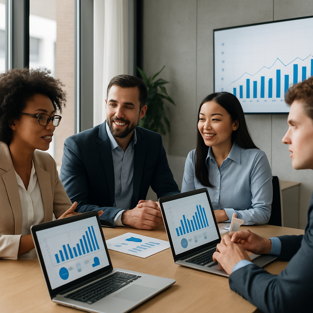 A modern office setting with a diverse team discussing financial strategies around a table, laptops open and charts displayed