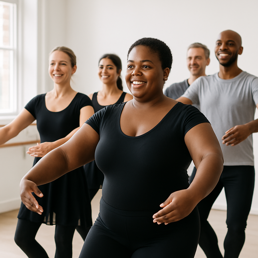 A diverse group of adult beginners in a ballet class, smiling and practicing basic movements in a bright studio