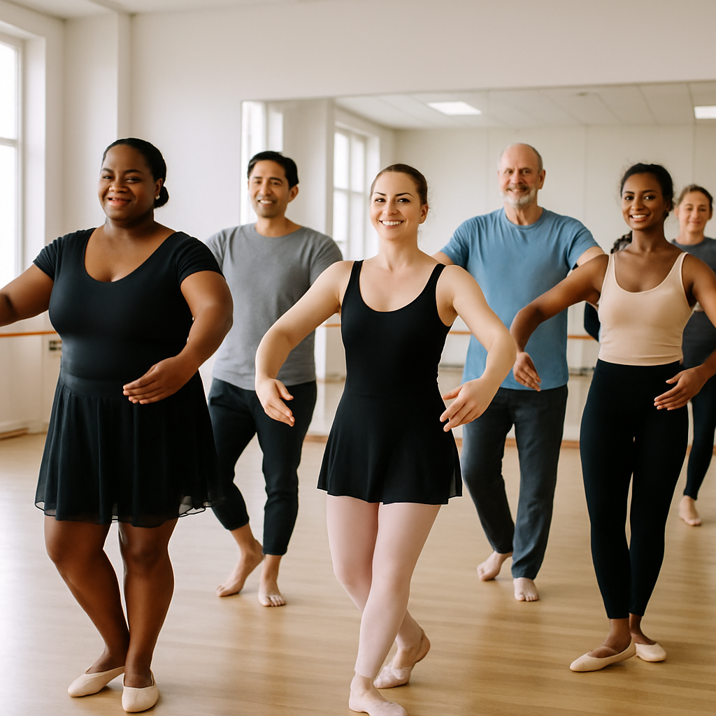 A diverse group of adults in a bright ballet studio taking a beginner ballet class, with mirrors and wooden floors, showcasing various ages and backgrounds