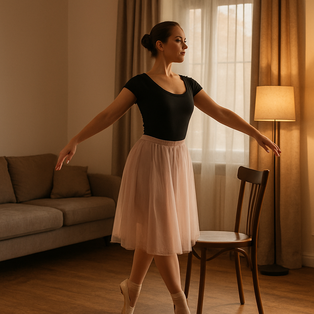 An adult beginner ballerina practicing basic ballet techniques at home, using a chair for support, warm lighting