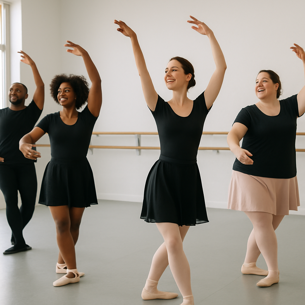 An adult beginner ballet class in action with diverse participants practicing basic movements