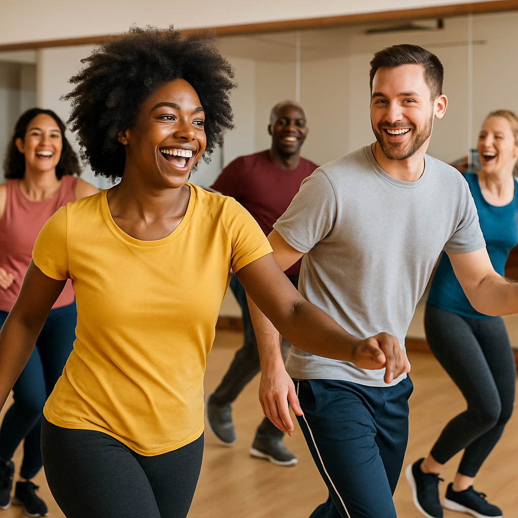 A vibrant adult dance class with diverse participants enjoying their first lesson together