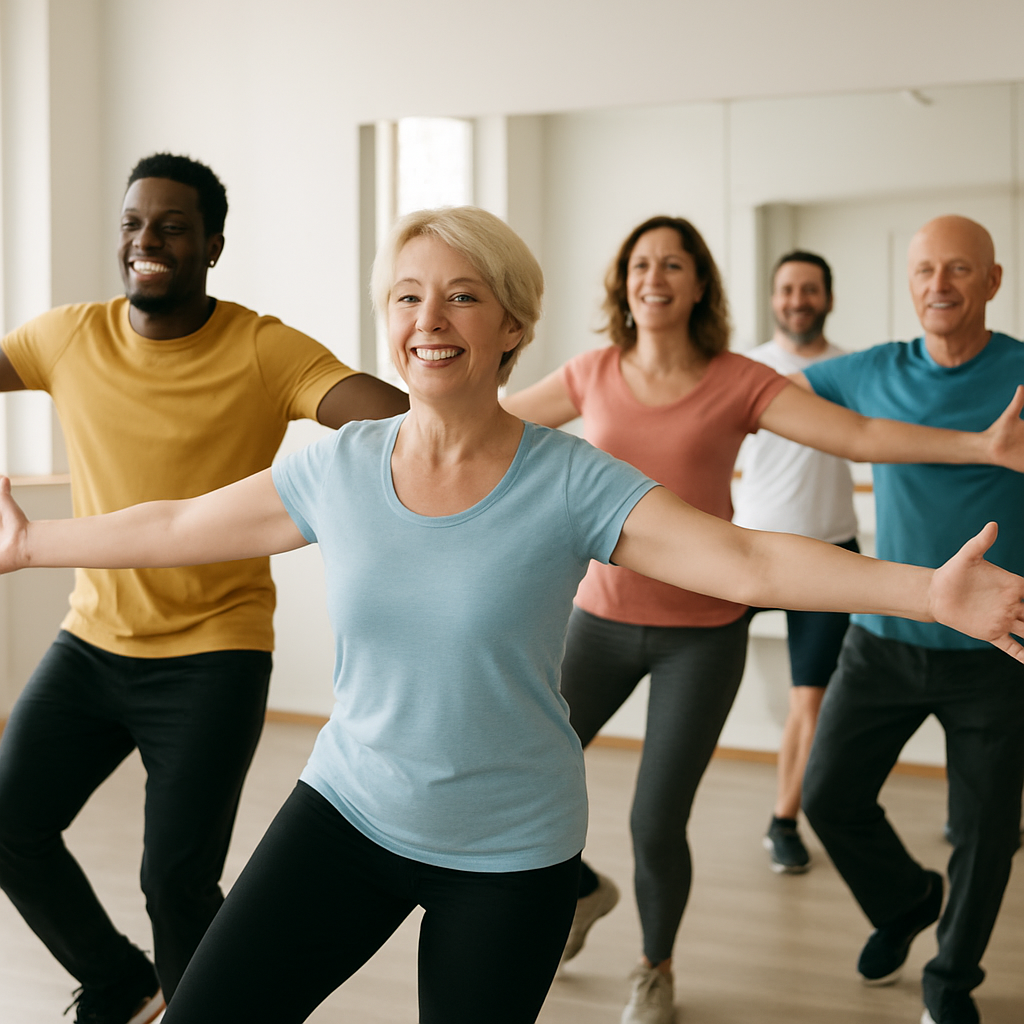 A group of adults of various ages happily participating in a beginner dance class in a bright studio