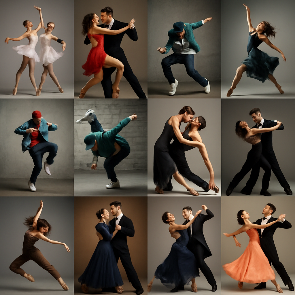 A vibrant collage showcasing various dance styles including ballet dancers in graceful poses, salsa dancers in motion, hip-hop dancers performing street moves, contemporary dancers expressing emotions through movement, and ballroom couples elegantly dancing together.