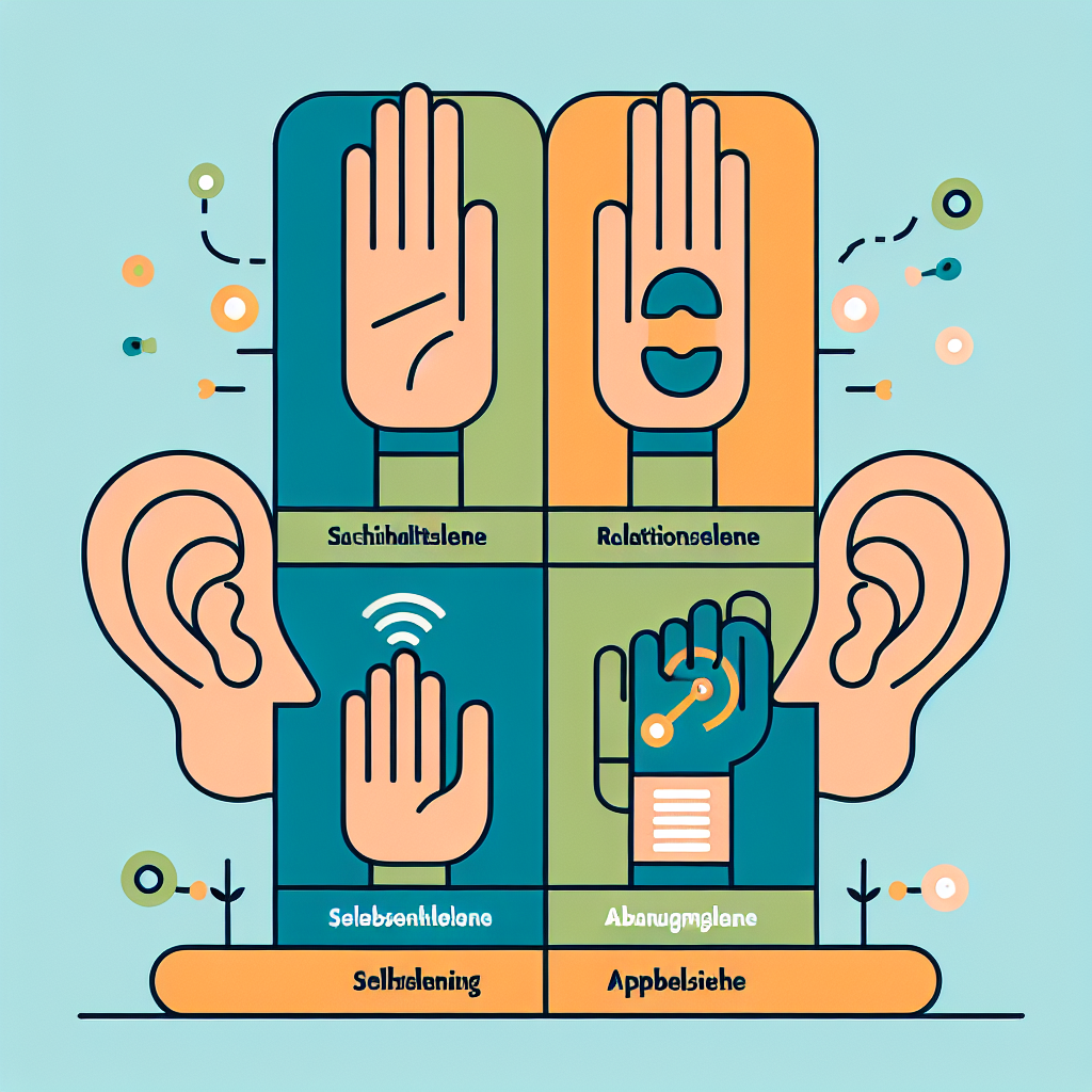 A visual representation of the 4 ears model in communication with four distinct sections labeled: Sachinhaltsebene, Beziehungsebene, Selbstoffenbarungsebene, Appellseite