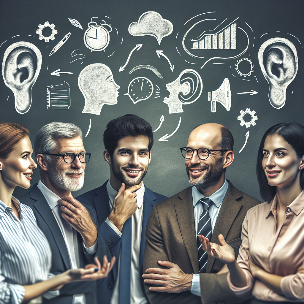 A diverse group of professionals engaged in a lively discussion using the four ears model of communication