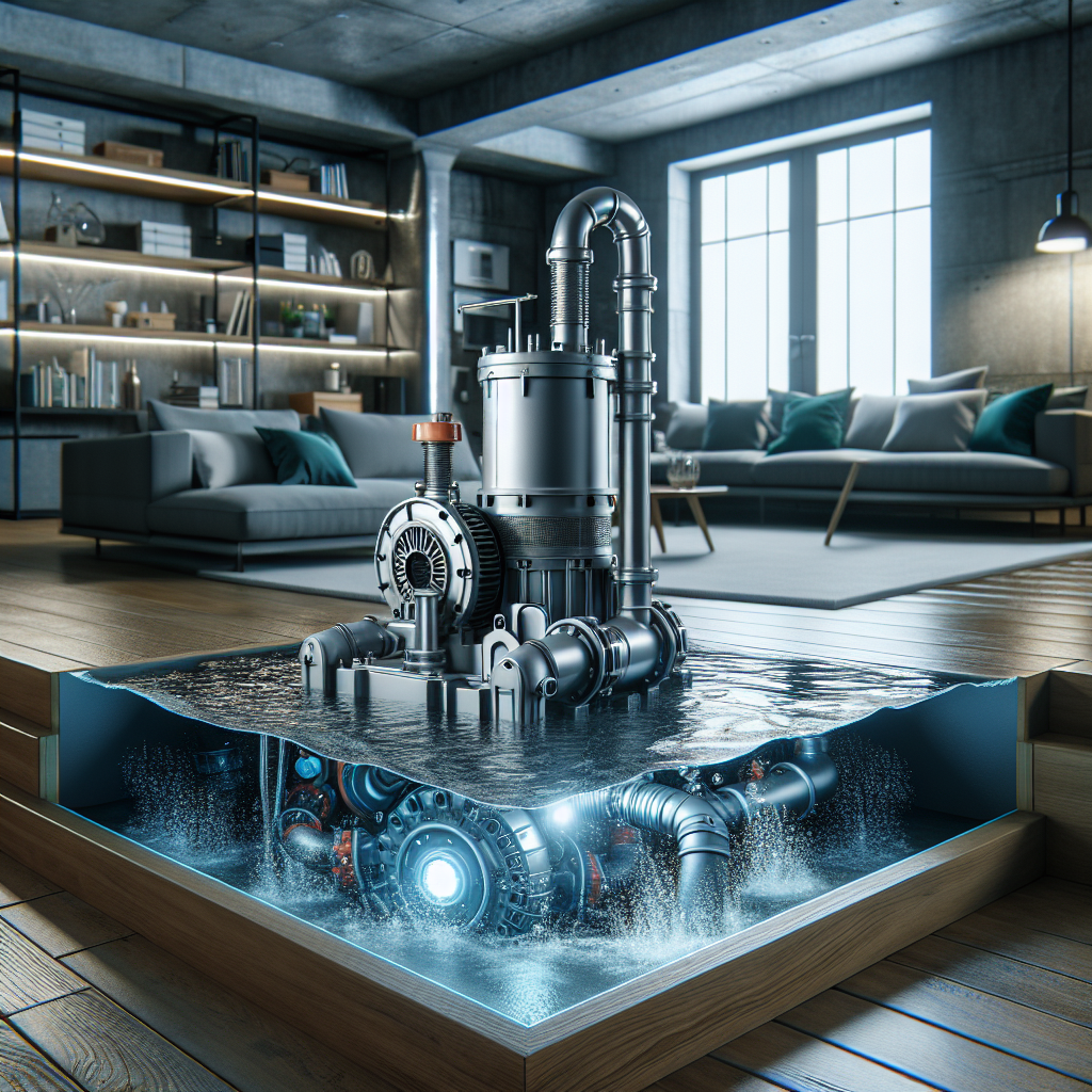 A modern basement with an installed submersible sump pump working efficiently to drain water