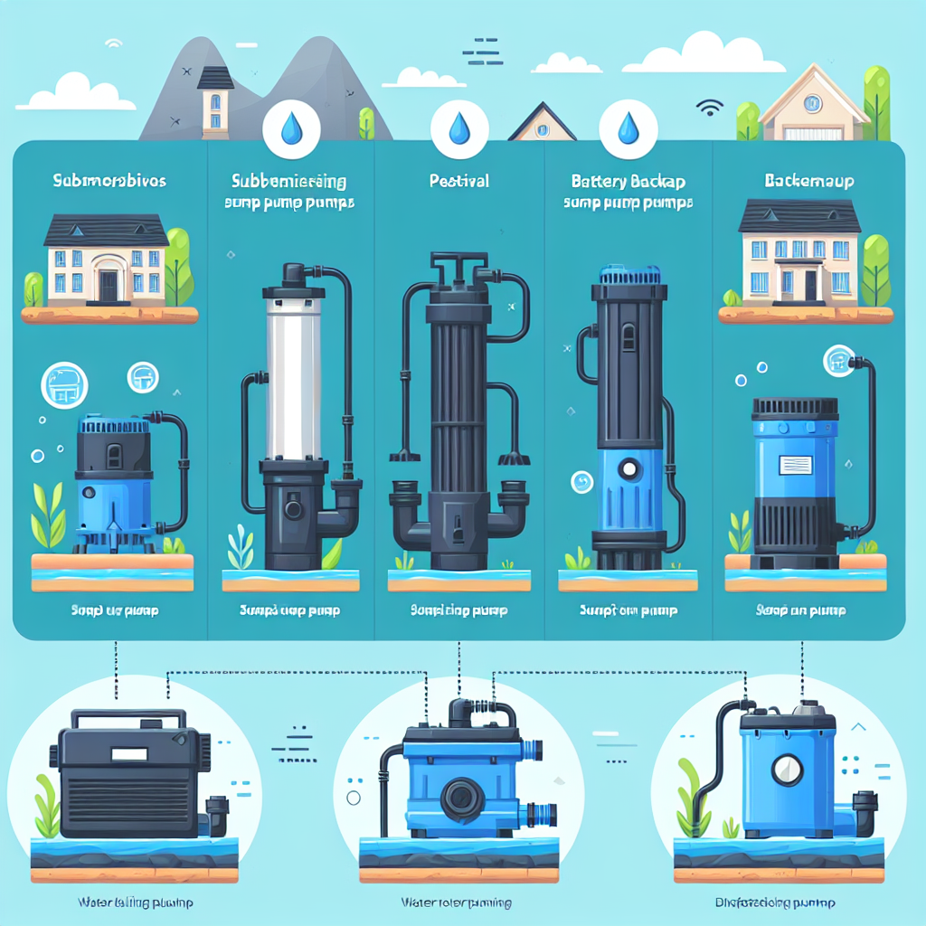 A comparison chart showing different types of sump pumps including submersible, pedestal, battery backup, and water-powered sump pumps