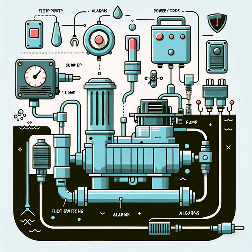 A detailed diagram showing various features of sump pumps including float switches, alarms, power cords, and their placements