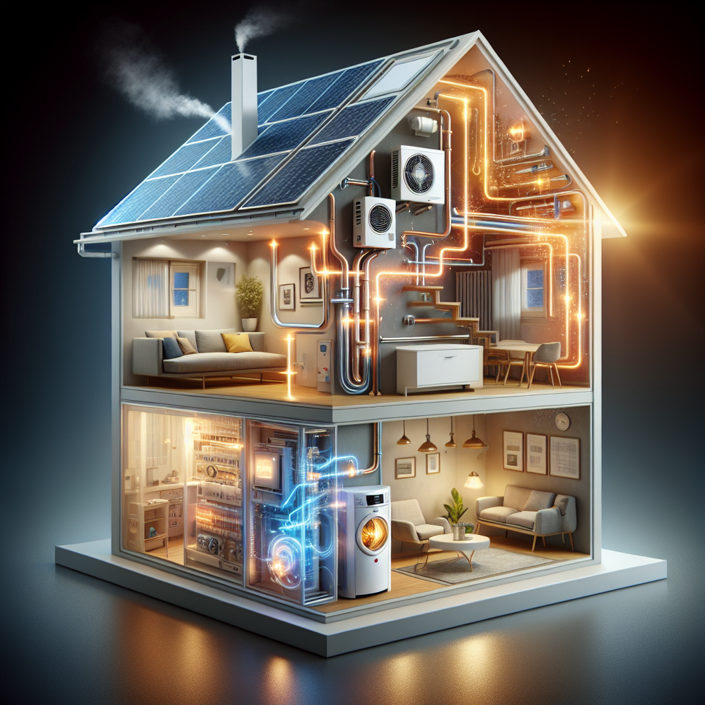 A modern home showcasing integrated HVAC, electrical and plumbing systems with visual representations of each system working together harmoniously