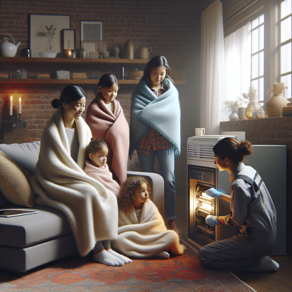 A cozy living room with a family huddled under blankets while a technician inspects a furnace