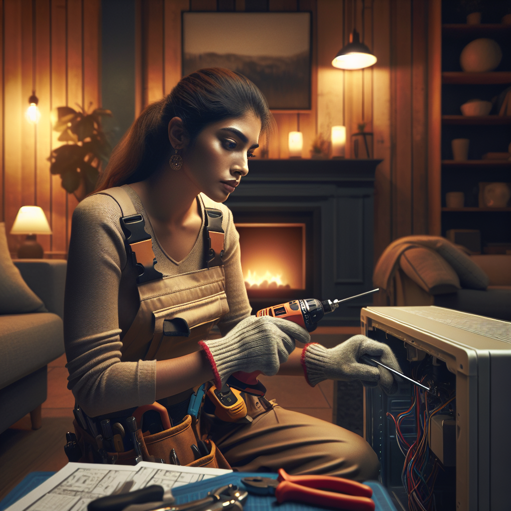 A technician performing emergency furnace repair in a cozy home setting
