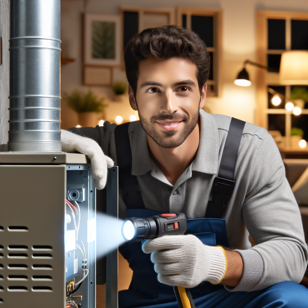 A friendly HVAC technician diagnosing a residential gas furnace in a cozy home setting