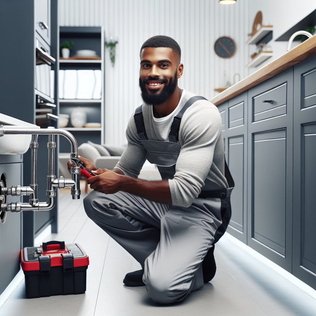 A friendly plumber fixing pipes in a modern kitchen