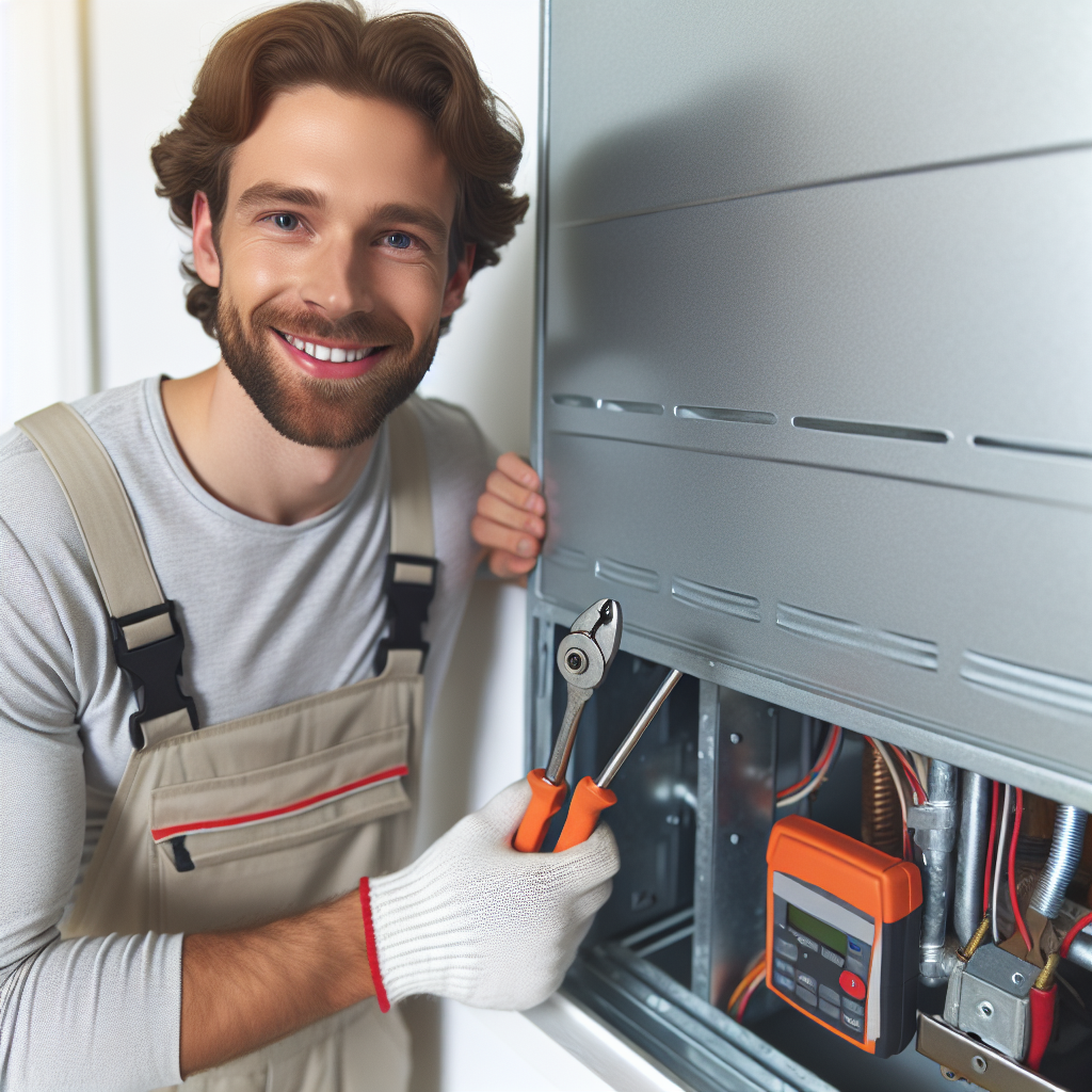 A friendly HVAC technician inspecting a furnace with tools in hand