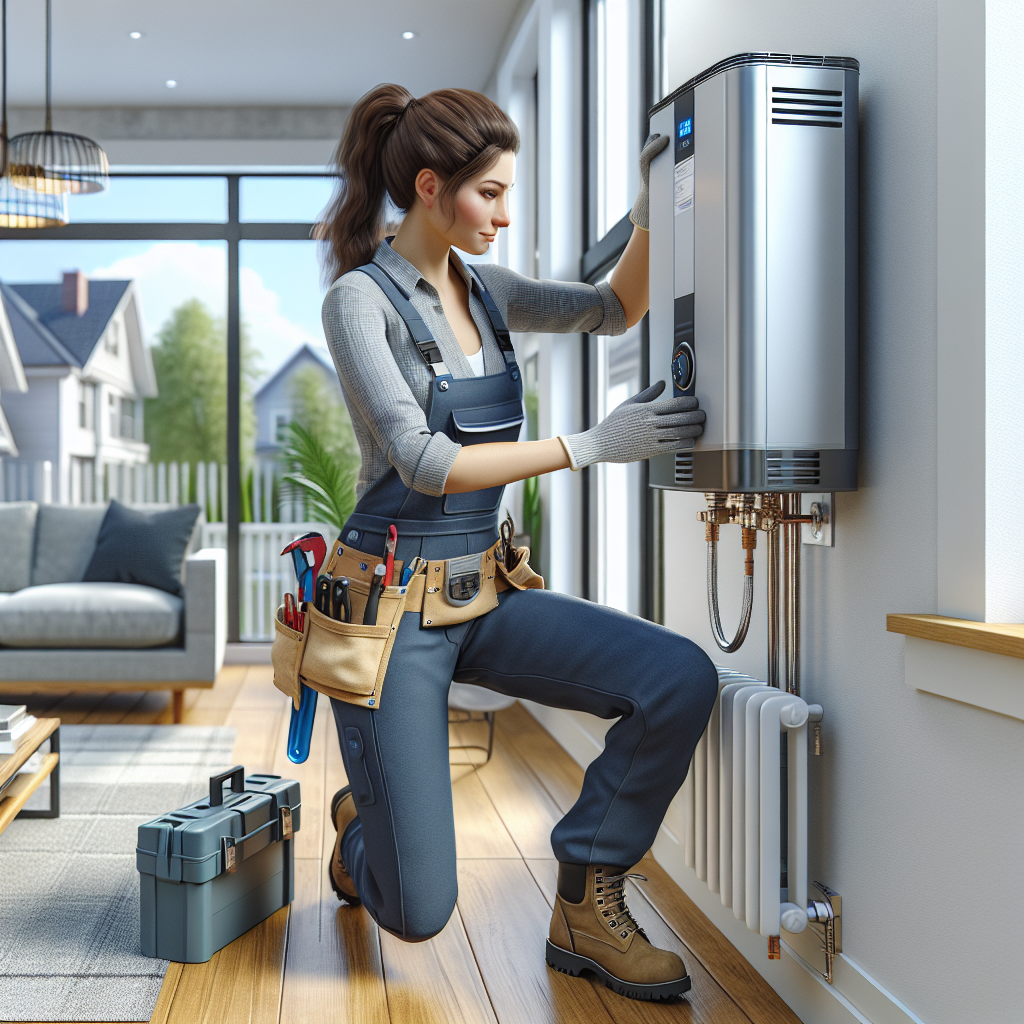 A professional plumber installing a modern tankless water heater in a residential setting