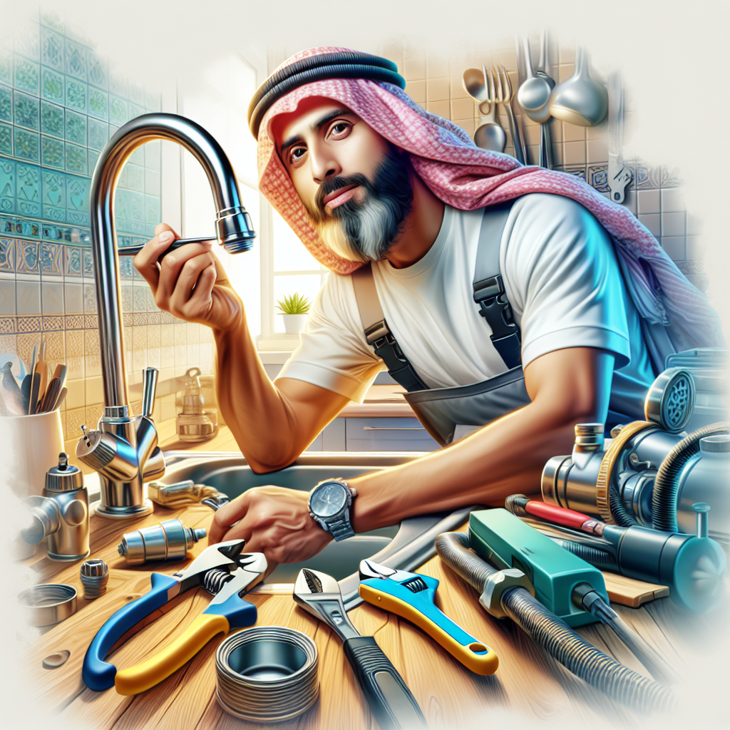A plumber fixing a kitchen sink with tools surrounding him, bright colors, photo realistic
