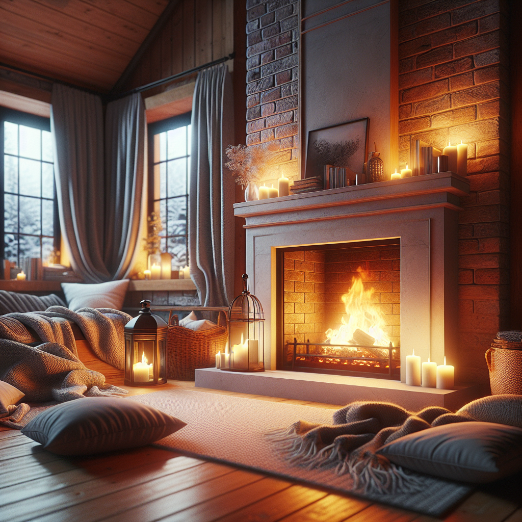 A cozy living room with a warm fireplace and blankets during winter