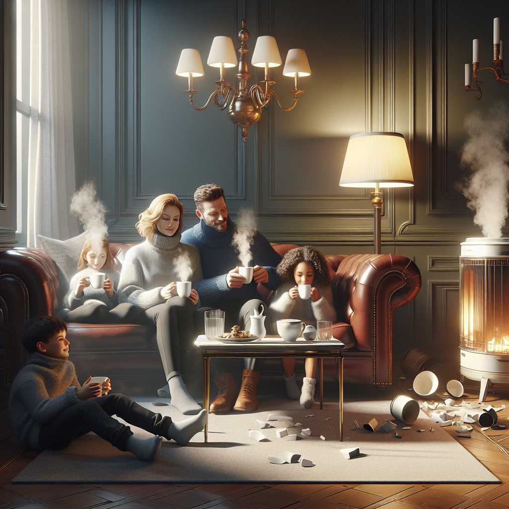 A cozy living room scene with a family enjoying hot cocoa while looking at a broken heater