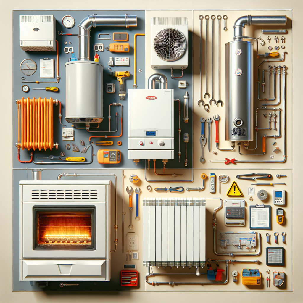 A collage of different heater systems including a furnace, boiler, heat pump, and electric heater with tools for repair