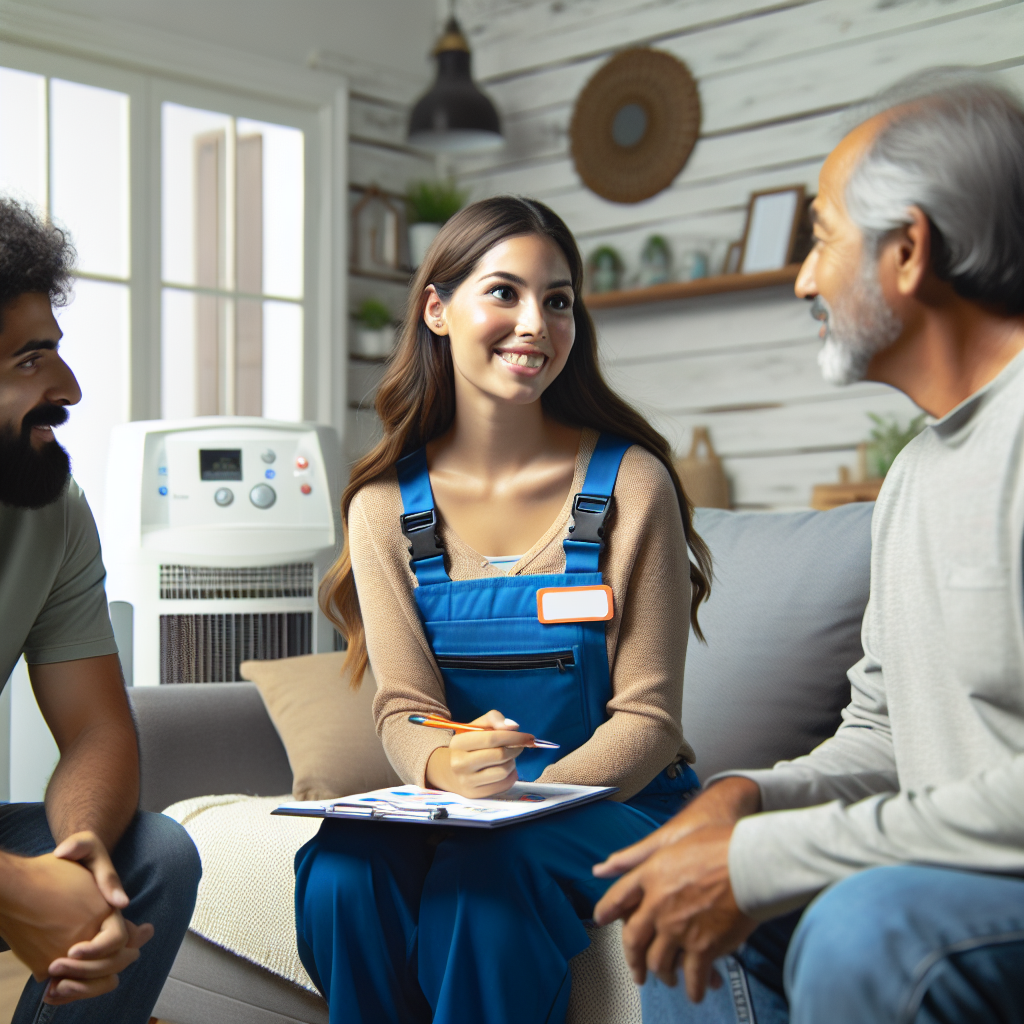 A cozy home interior with an HVAC technician explaining system options to homeowners
