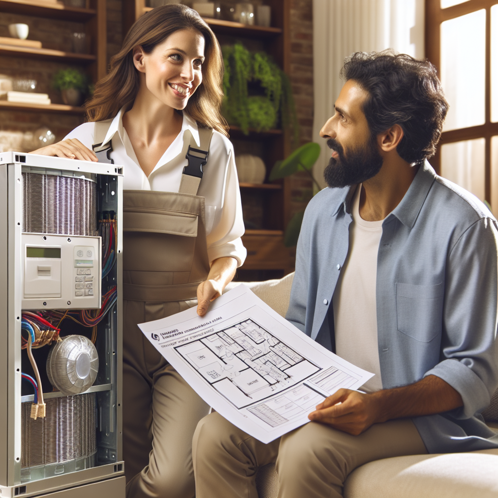 A friendly technician explaining an HVAC estimate to a homeowner in their living room