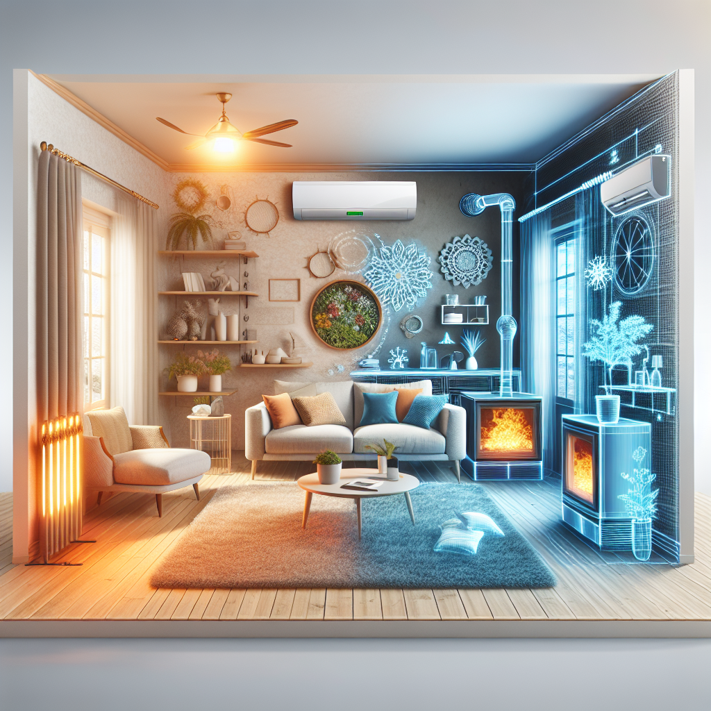 A cozy home interior with visible heating and cooling systems in action, showcasing a comfortable living space