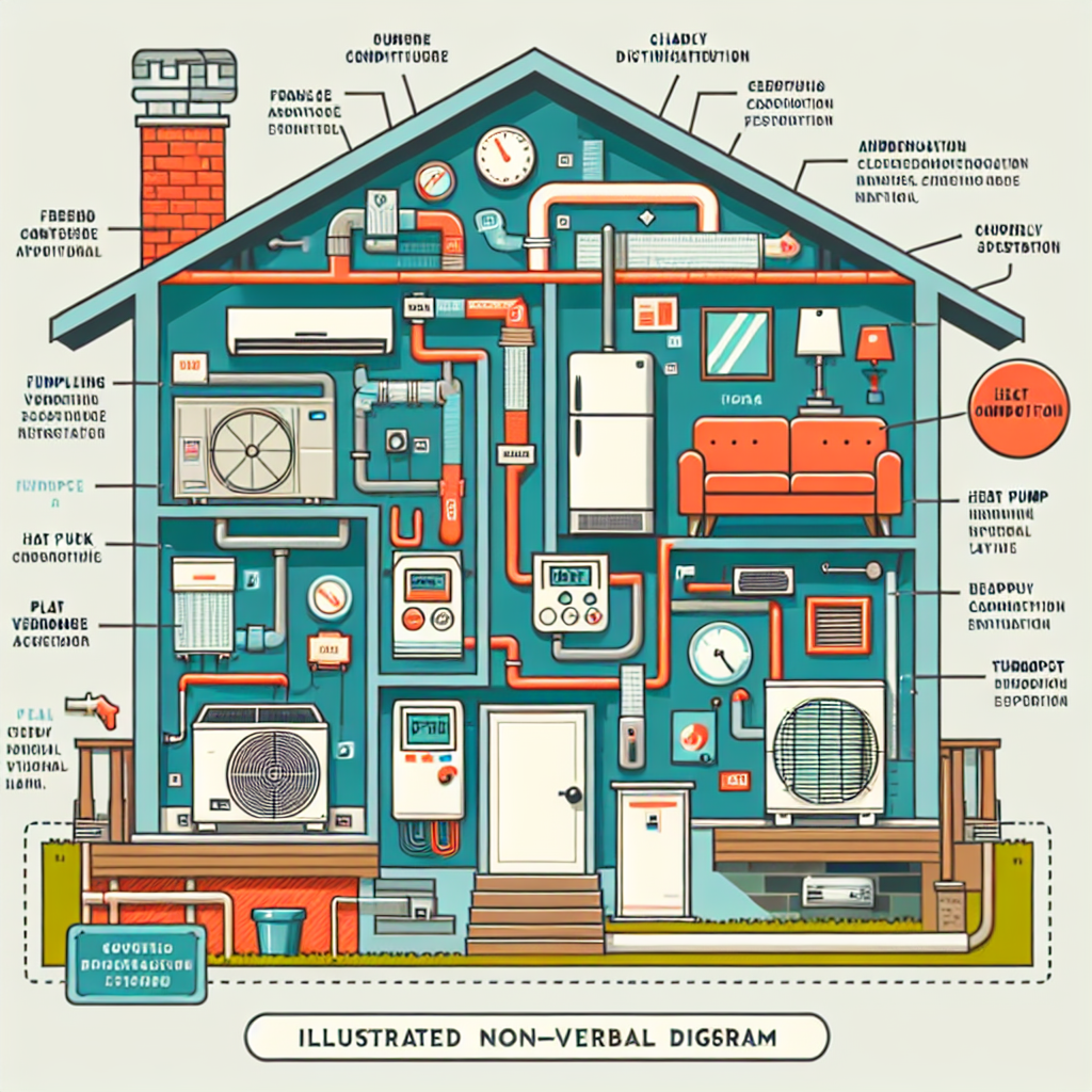 A detailed diagram of an HVAC system showing components like furnace, air conditioner, heat pump, ductwork, and thermostat in a home setting.