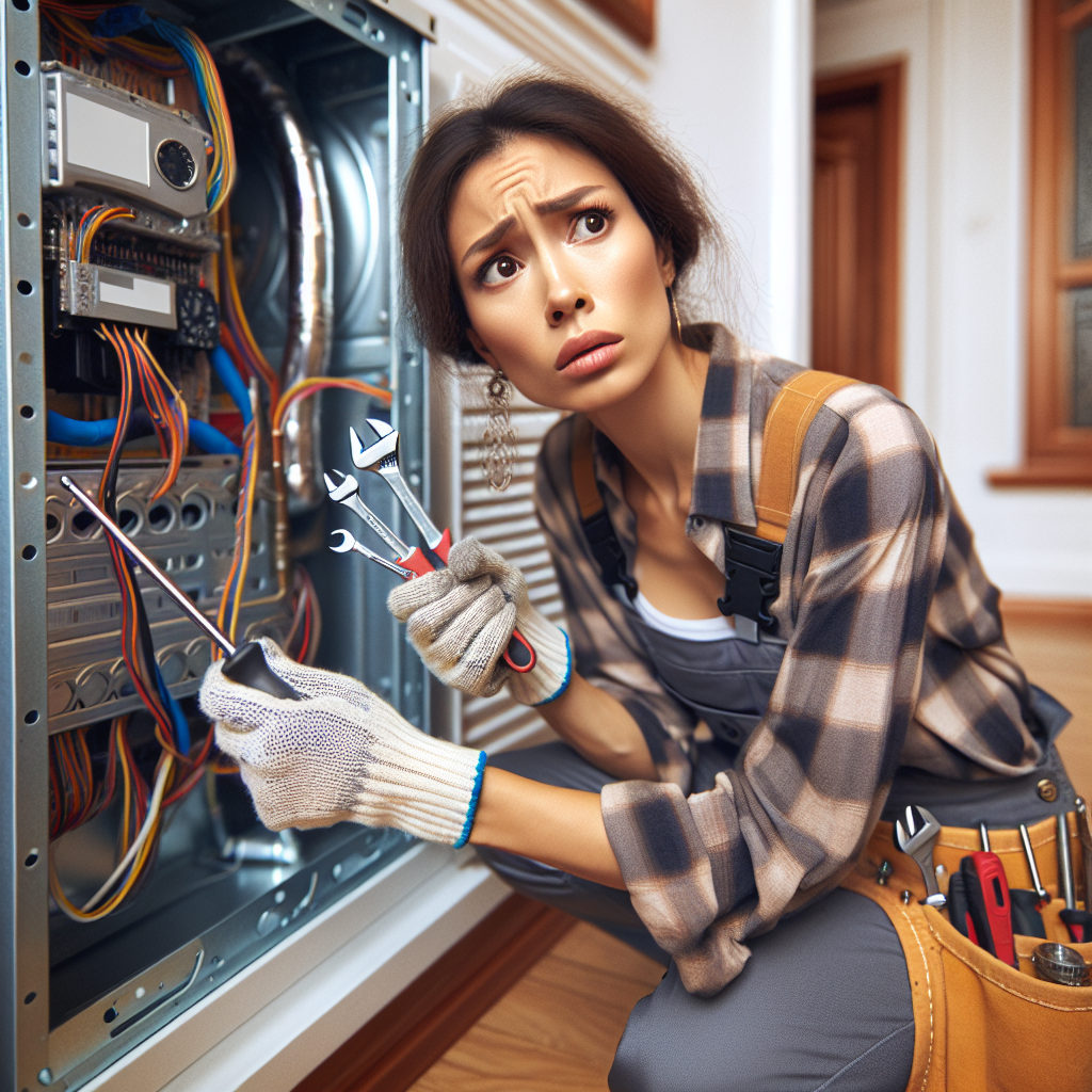 A homeowner inspecting their HVAC system with tools in hand, looking puzzled but determined