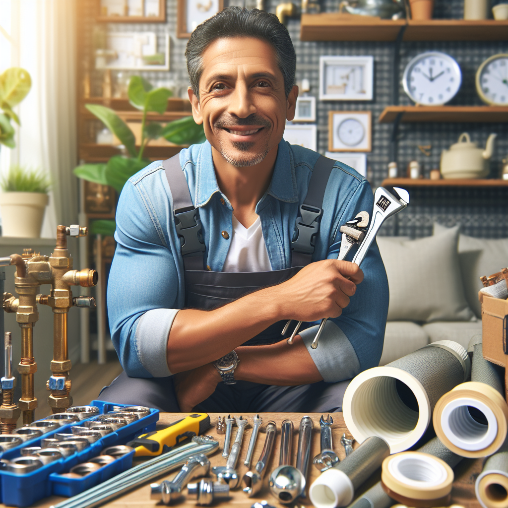 A friendly local plumber inspecting pipes with tools in hand, surrounded by plumbing parts and household items, bright and engaging atmosphere