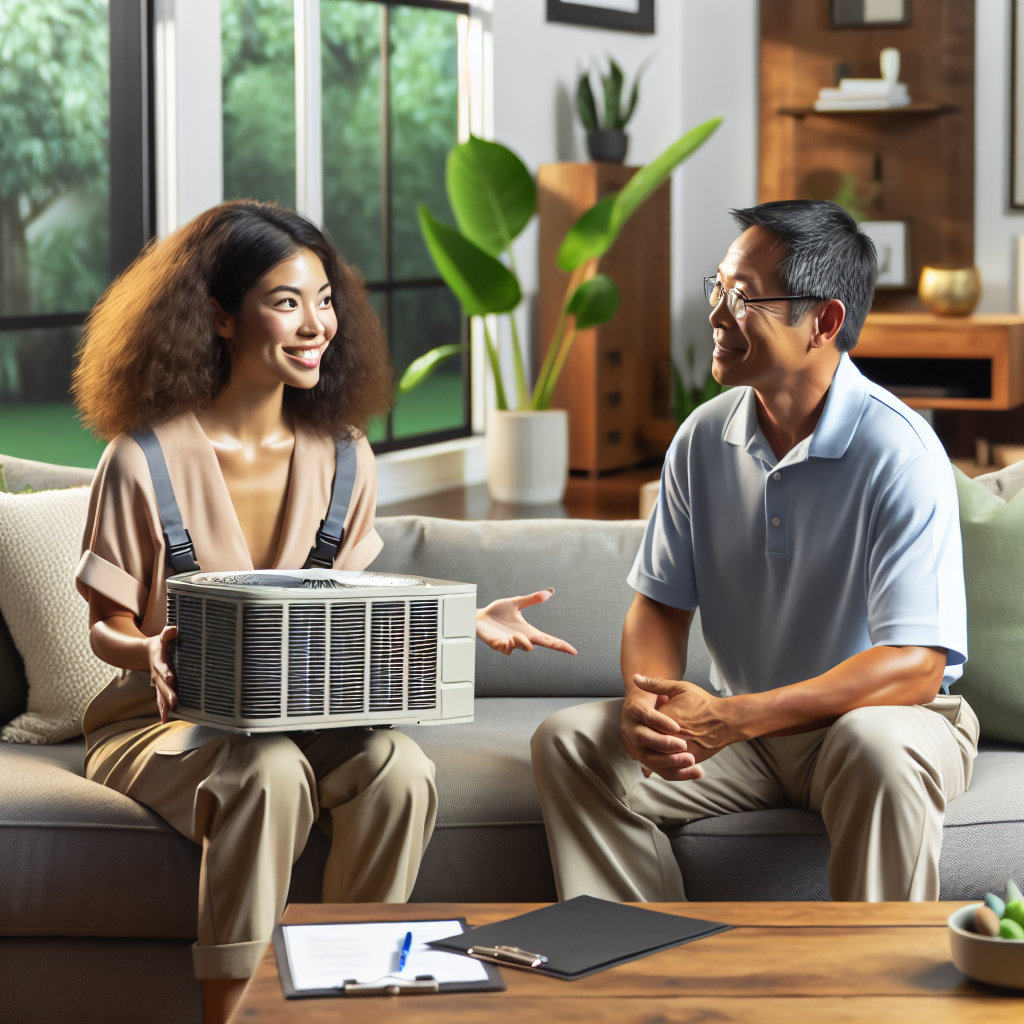 A friendly HVAC technician discussing air conditioning options with a homeowner in a well-lit living room